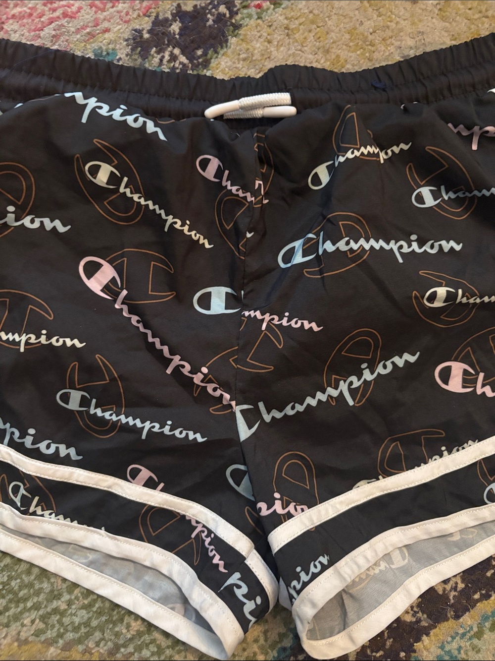 Champion Black Athletic Shorts with Pastel Logo Print